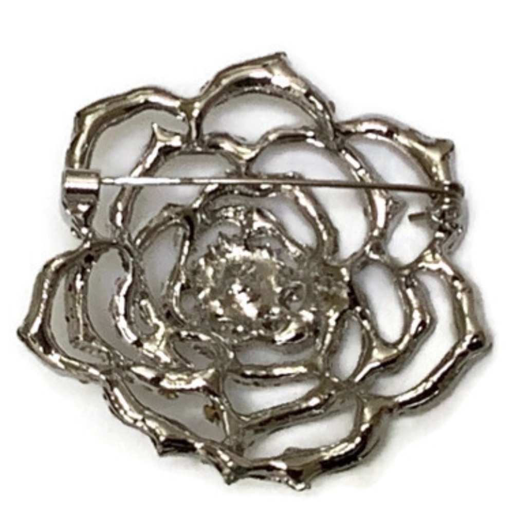 Silver Toned Rhinestone Flower Brooch - Picture 4 of 8